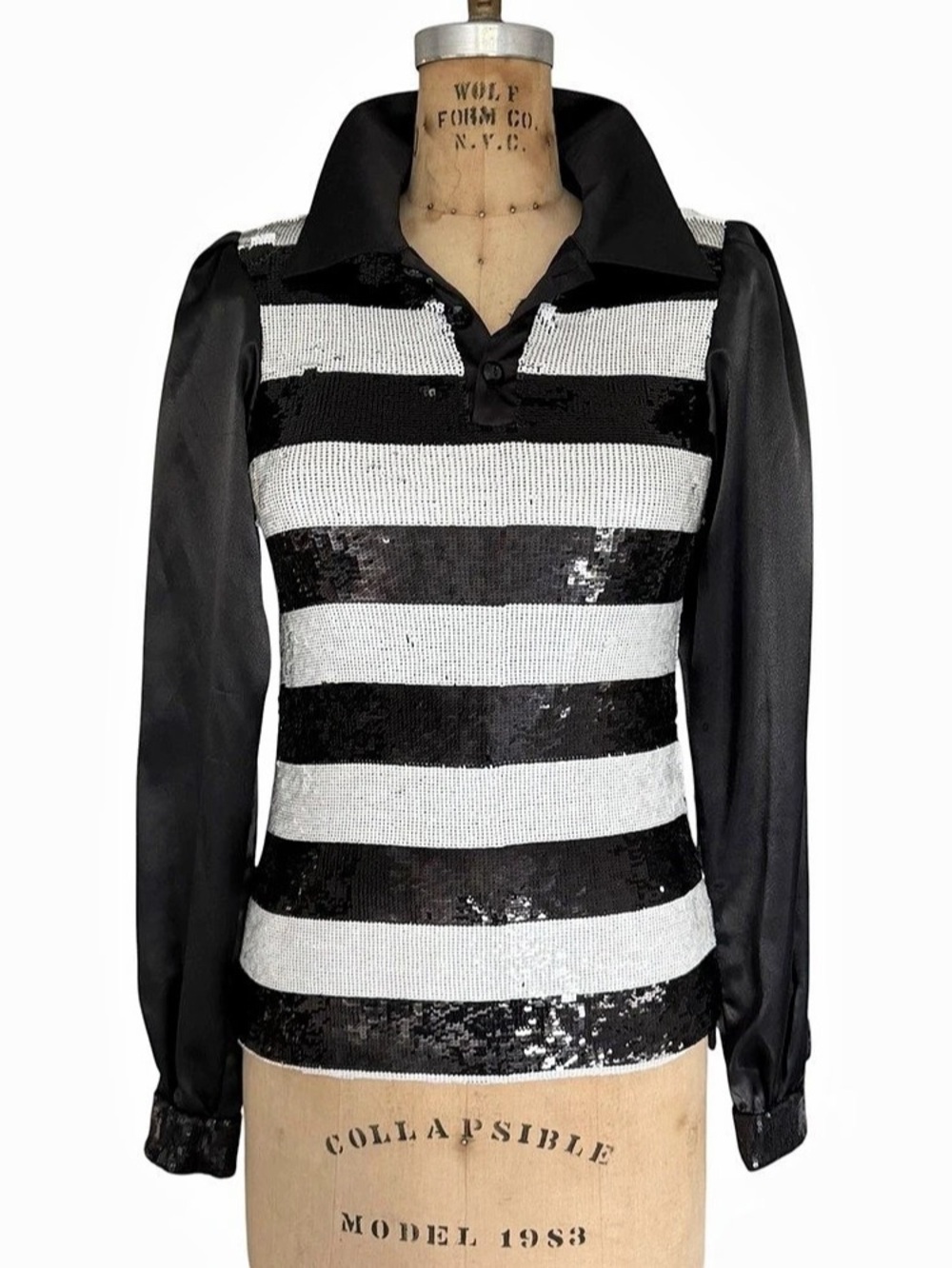 Alice + Olivia Black White Sequin Stripe Satin Sleeve Top XS